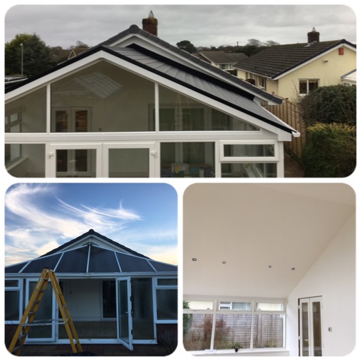 Three-panel photo showing conservatory exterior with tiled roof, during installation and plastered interior ceiling